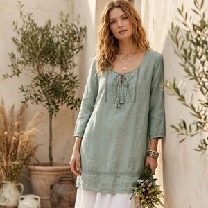 Boho style linen tunic tessels sage olive green large